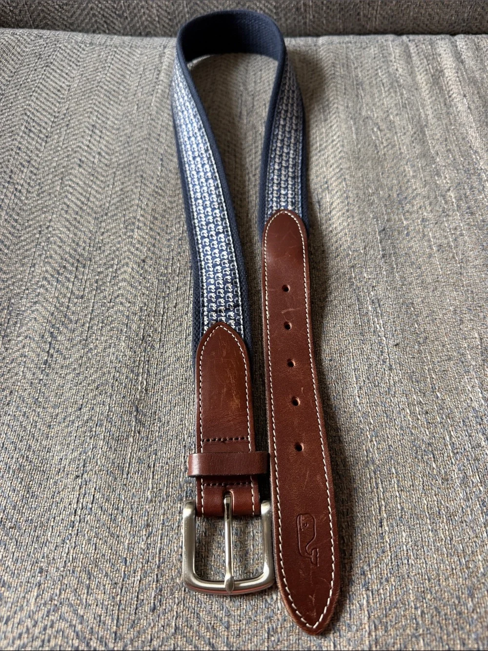 Vineyard Vines Men’s Blue/White Car 🚙 Canvas/Leather Belt Size: 32